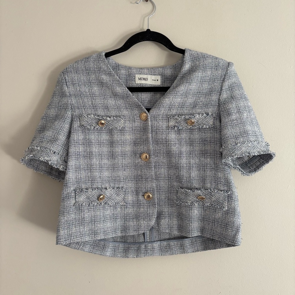 Gray Blue Tweed Short Sleeve Jacket with Gold Buttons